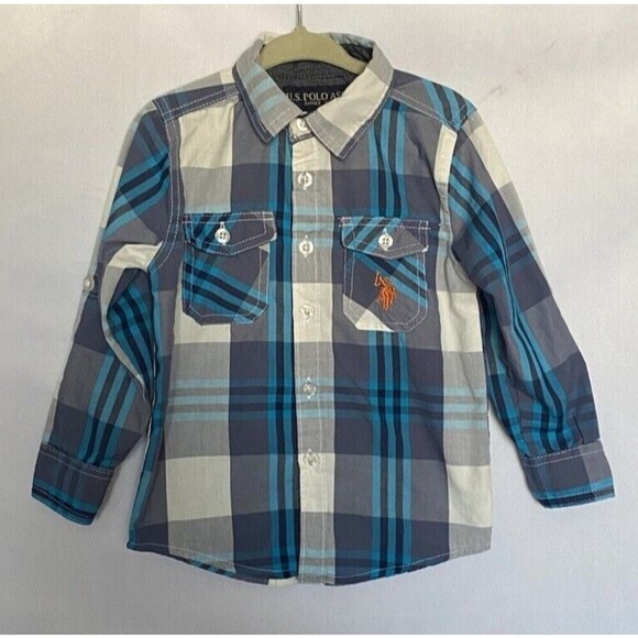 U.S. Polo Assn. Boys 3T Shirt Long Sleeve Roll Up Button-Front Plaid Top - Picture 1 of 9